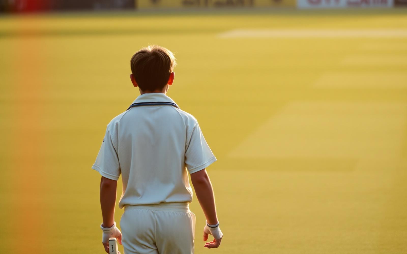 Young cricketer walking onto the field